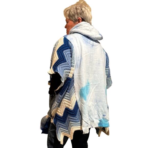 Fleece/crochet upcycled poncho with denim side pockets, ACDC, One-Size fits S-3X - Picture 2 of 3